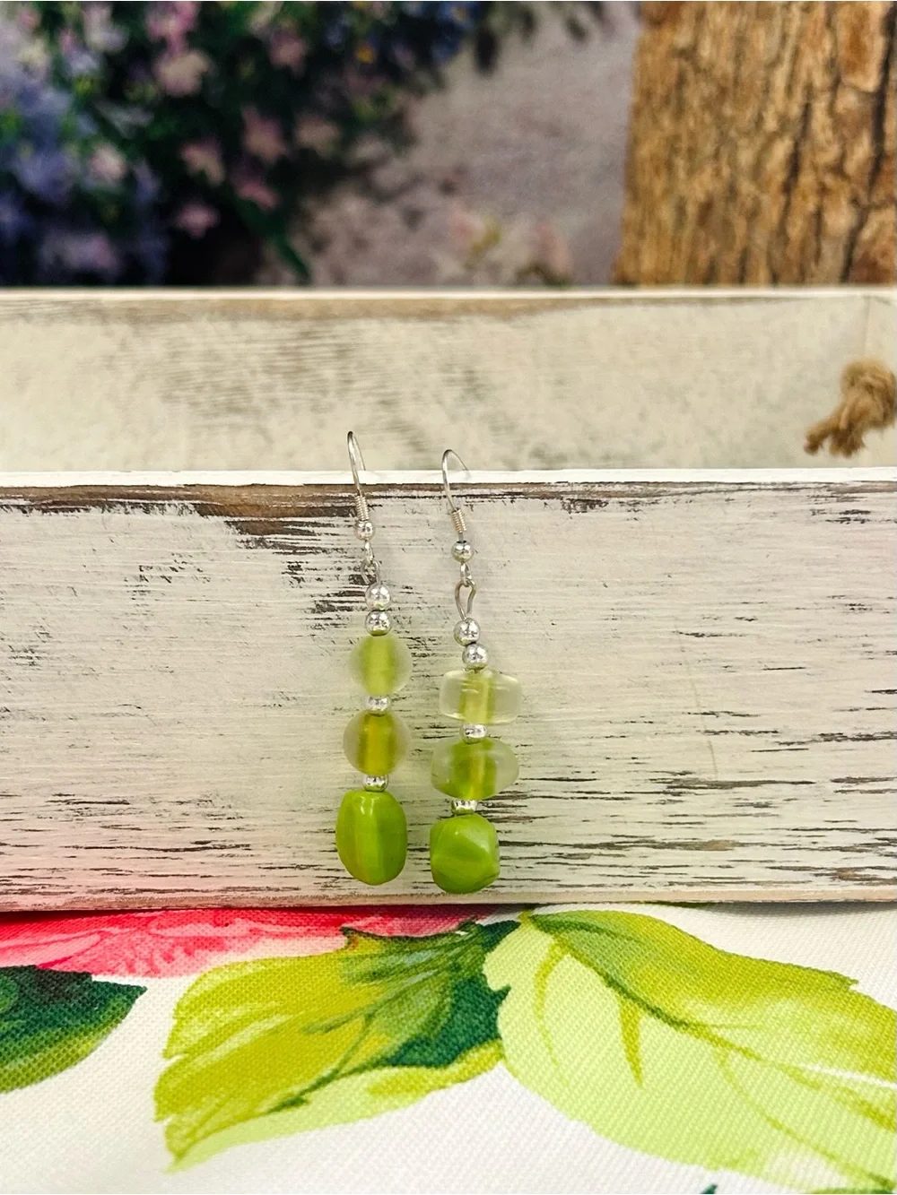 Handmade Green Beaded Dangle Earrings Earthy Glass Jewelry